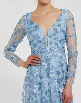 Blue Floral Applique Long Sleeve Illusion Gown
